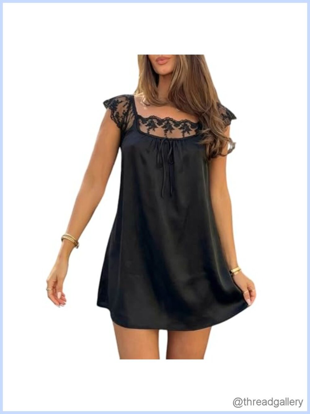 Satin Lace Slip Nightgown Mini Dress Sheer Lace Cap Sleeve